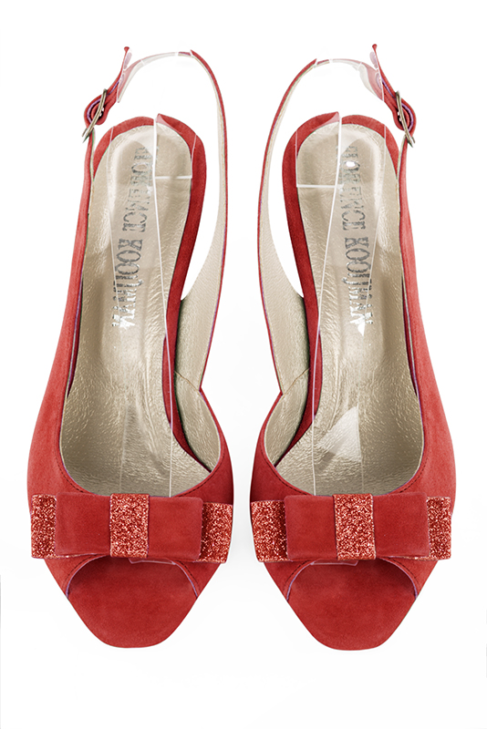 Scarlet red women's slingback sandals. Round toe. High slim heel. Top view - Florence KOOIJMAN